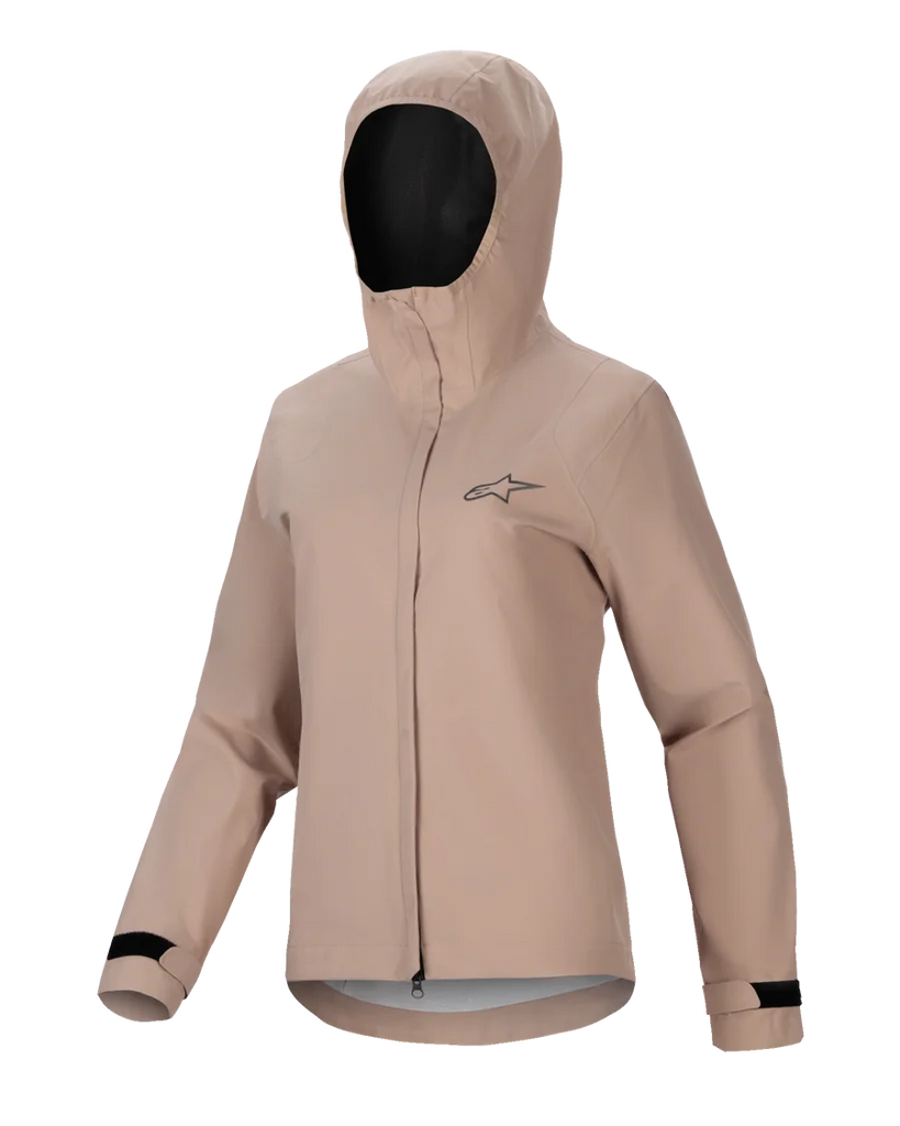 Alpinestars Stella A-Dura Rain Jacket, Women's Cycling Rain Jacket, Light Brown, hooded design with front zipper and storm flap, black adjustable Velcro cuffs, featuring a small chest logo, waterproof and breathable performance material for MTB riding