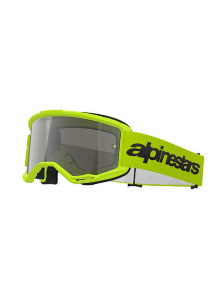 Alpinestars Vision 3 Wordmark Goggles, Motocross Goggles, Yellow Fluo and Silver Mirror, featuring a bright yellow frame and strap with a bold black Alpinestars logo, high-performance eye protection for off-road racing