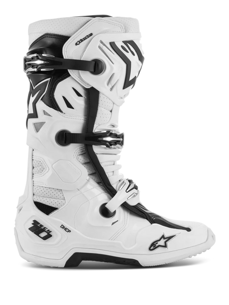 Alpinestars Tech 10 Supervented Boots, Motocross Off-Road Racing Boots, White and Black, featuring multiple adjustable buckles, perforated ventilation panels, and a rugged protective high-top design