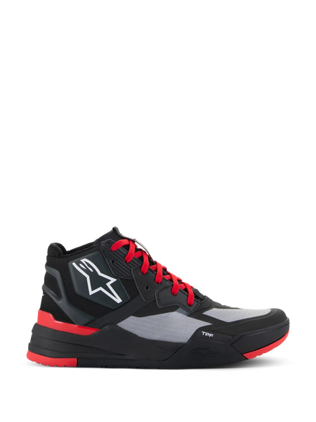 Alpinestars Speedflight Shoes, high-top motorcycle riding sneakers, Black and Bright Red with grey panels, featuring white star logo, red laces, and sporty urban design with TPF midsole