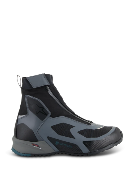 Alpinestars CR-8 GORE-TEX Shoes, Black and Dark Gray motorcycle boots, waterproof high-top design with angled zipper, breathable textile panels, TPF protection frame, rugged sole with petrol blue heel accent