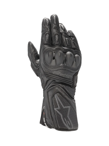 Alpinestars SP-8 V3 Men's Black Leather Motorcycle Racing Gloves, featuring dual density knuckle protection.