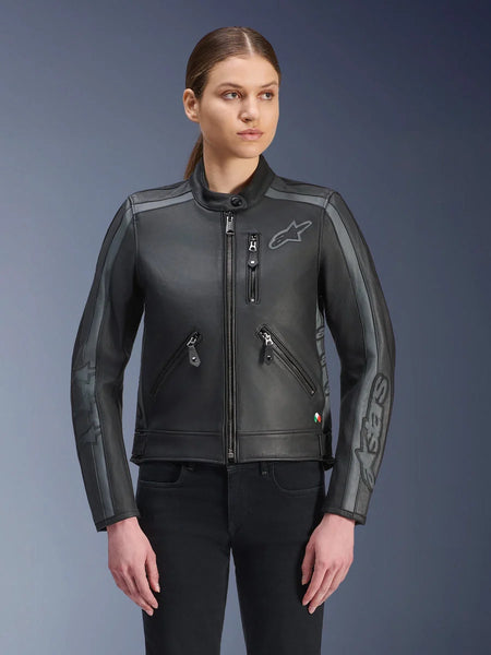 Alpinestars Stella Dyno Leather Jacket, Women's Motorcycle Jacket, Black and Tar Gray, premium bovine leather construction with gray stripe details on shoulders and sleeves, featuring front zip pockets and embroidered chest logo, sleek urban riding gear