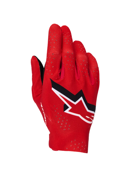 Alpinestars Supertech MX Gloves, Motocross Gloves, Fire Red Black and White, backhand view showing laser perforations for ventilation, prominent white and black Alpinestars star logo, lightweight stretch fabric design for off-road racing