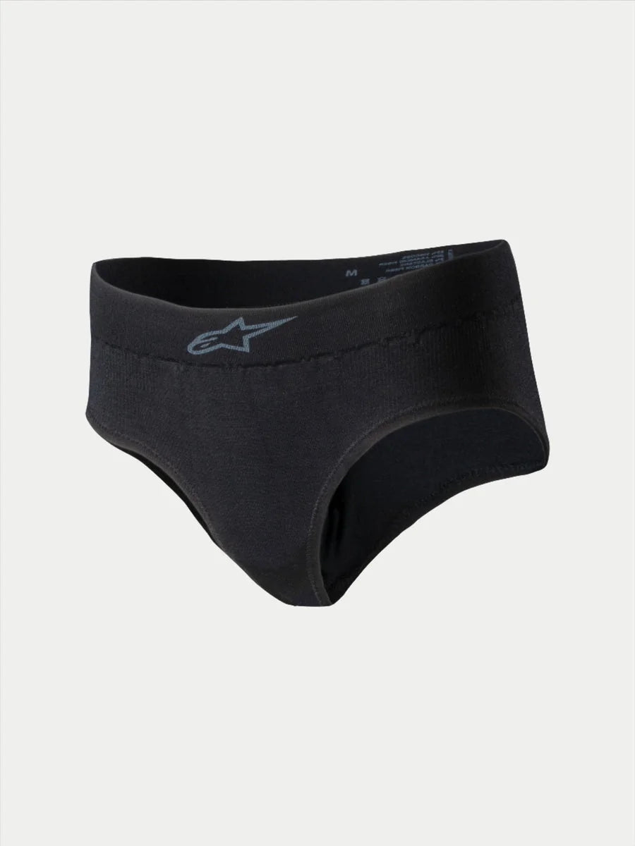 Alpinestars Stella TECH ZX Briefs, women's racing underwear, black with grey logo on the waistband, lightweight flame-resistant base layer, FIA 8856-2018 certified, designed for auto racing performance.
