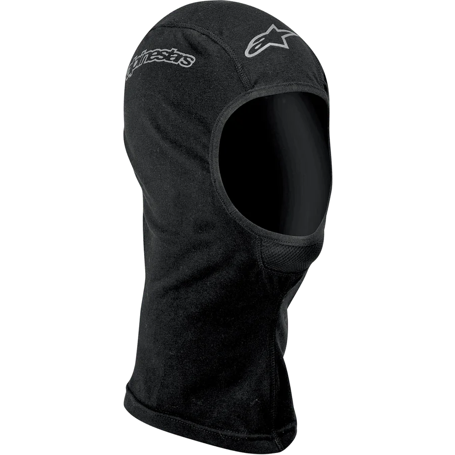 Alpinestars Open-Face Balaclava, Motorcycle Base Layer, Black, featuring silver Alpinestars logos on the forehead and side, soft moisture-wicking fabric with flatlock seams and extended neck for coverage