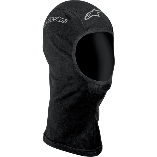 Alpinestars Open-Face Balaclava, Motorcycle Base Layer, Black, featuring silver Alpinestars logos on the forehead and side, soft moisture-wicking fabric with flatlock seams and extended neck for coverage