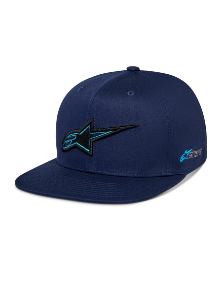 Alpinestars Thickness Snapback Hat, Navy Blue, structured crown with a flat bill, 3D black embroidered Astars logo with light blue outline, side logo embroidery, casual motorsport-inspired streetwear.