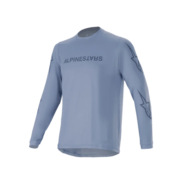 Alpinestars A-Dura Switch Long Sleeve Jersey, Infinity Blue, light blue mountain bike jersey with dark blue screen-printed logo on chest and star logos on sleeves, lightweight performance fabric for trail riding