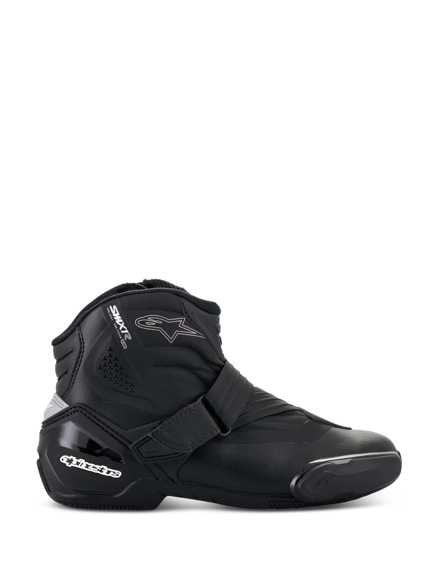 Alpinestars Stella SMX-1 R V2 Boots, Women's Low-Cut Motorcycle Riding Shoe, Black, side profile view featuring microfiber construction, adjustable strap closure, reinforced TPU heel counter with white branding, star logo accent, and durable rubber sole.