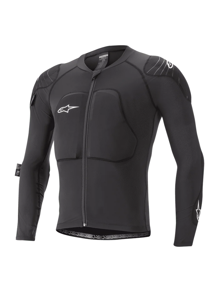Alpinestars Youth Paragon Lite Protection Jacket, Long Sleeve MTB Protective Jacket, Black with white logos, front zipper, padded chest and shoulder protection, breathable mesh sleeves, lightweight flexible design for youth mountain biking