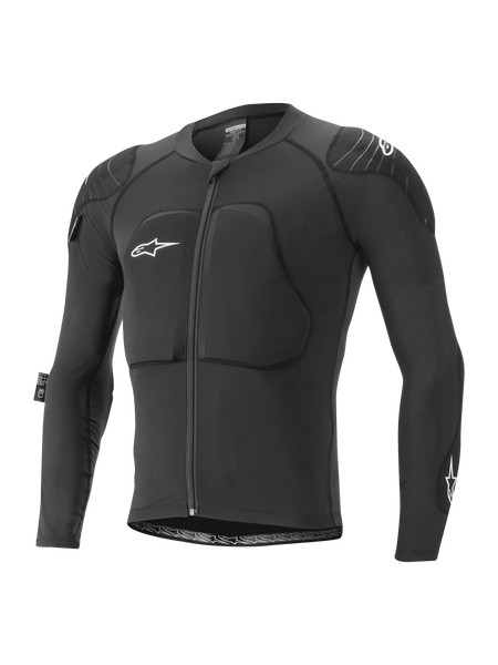 Alpinestars Youth Paragon Lite Protection Jacket, Long Sleeve MTB Protective Jacket, Black with white logos, front zipper, padded chest and shoulder protection, breathable mesh sleeves, lightweight flexible design for youth mountain biking