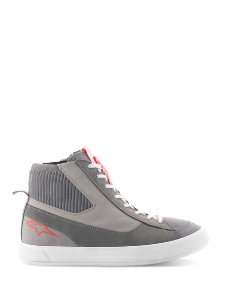 Alpinestars Stated Shoes, High-top motorcycle riding shoes, Light Gray and Red Fluo, featuring a ribbed knitted ankle collar, white vulcanized sole, red star logo on the heel, and split suede toebox, modern urban streetwear design