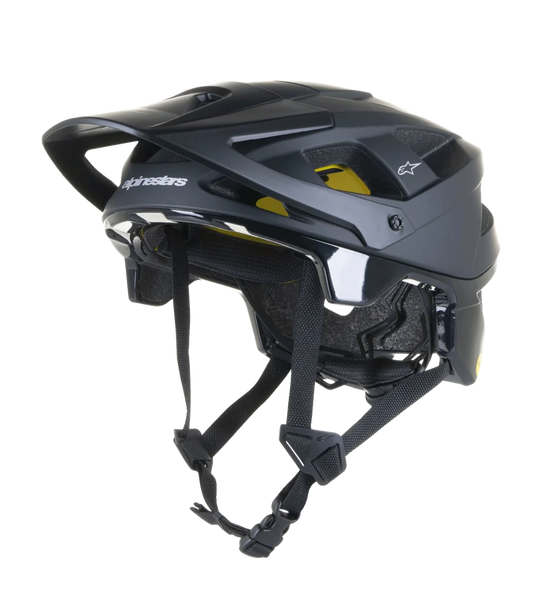 Alpinestars Vector Tech Solid Helmet, Black MTB Mountain Bike Helmet, Matte and Glossy Finish with 19 Vents, Yellow Interior Mips Padding, Adjustable Visor and Straps, Lightweight Protection for Trail and All-Mountain Riding
