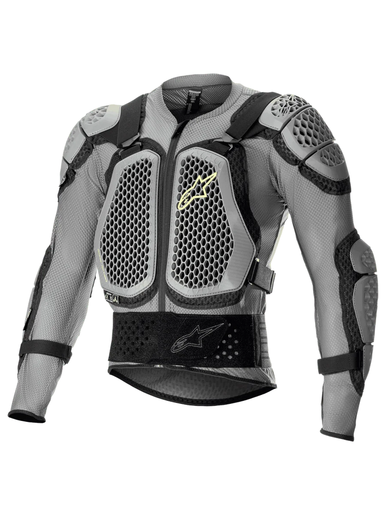 Alpinestars Bionic Action V2 Protection Jacket, Off-Road Motorcycle Body Armor, Gray and Black with Yellow Fluo accents, featuring honeycomb-patterned Cell Technology chest and shoulder protection, breathable mesh construction, adjustable straps, and a secure waist belt for motocross and enduro riding.