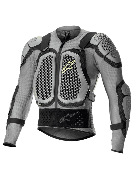Alpinestars Bionic Action V2 Protection Jacket, Off-Road Motorcycle Body Armor, Gray and Black with Yellow Fluo accents, featuring honeycomb-patterned Cell Technology chest and shoulder protection, breathable mesh construction, adjustable straps, and a secure waist belt for motocross and enduro riding.
