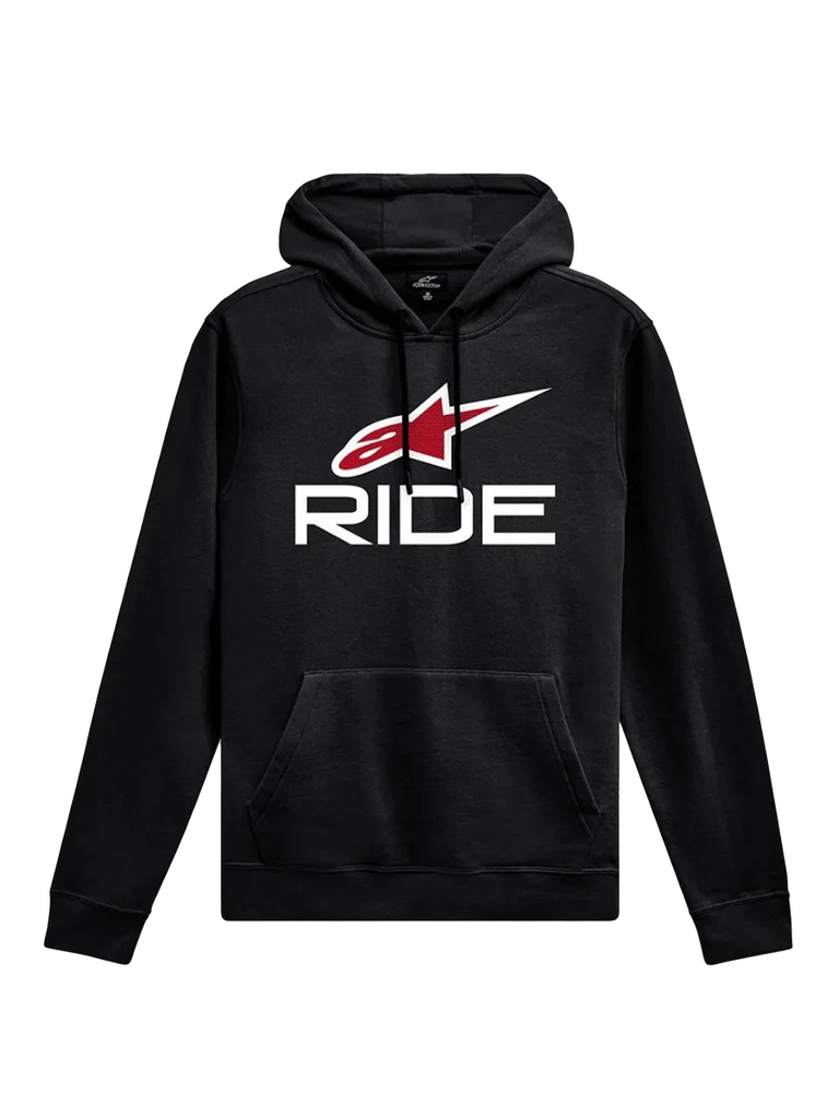 Alpinestars Ride Hoodie V 3, casual sportswear, black with white RIDE text and red star logo, kangaroo front pocket, drawstring hood, ribbed cuffs and hem, motorsport-inspired design
