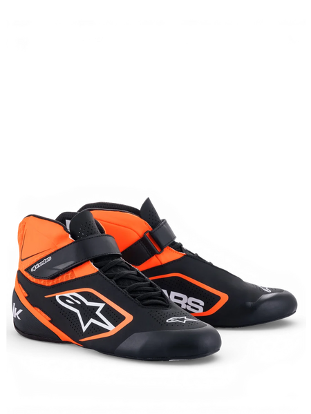 Alpinestars Tech-1 K V2 Shoes, Karting Racing Shoes, Black and Orange Fluo, Youth and Adult, featuring breathable perforated microfiber upper, dual asymmetric closure system, and ultra-thin Formula 1 specification sole for maximum pedal feel.