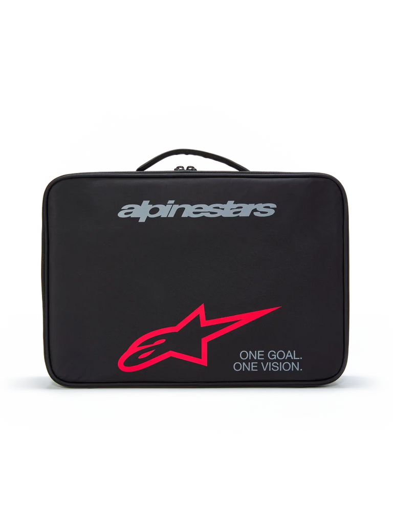 Alpinestars Supertech Vision Goggles Case, Black protective carrying case with top handle, featuring a grey brand logo, large red star logo, and 'ONE GOAL. ONE VISION.' slogan, durable storage for motocross goggles