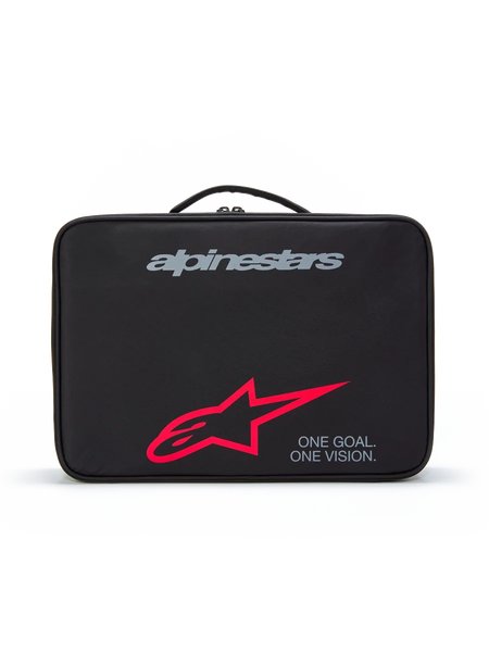 Alpinestars Supertech Vision Goggles Case, Black protective carrying case with top handle, featuring a grey brand logo, large red star logo, and 'ONE GOAL. ONE VISION.' slogan, durable storage for motocross goggles