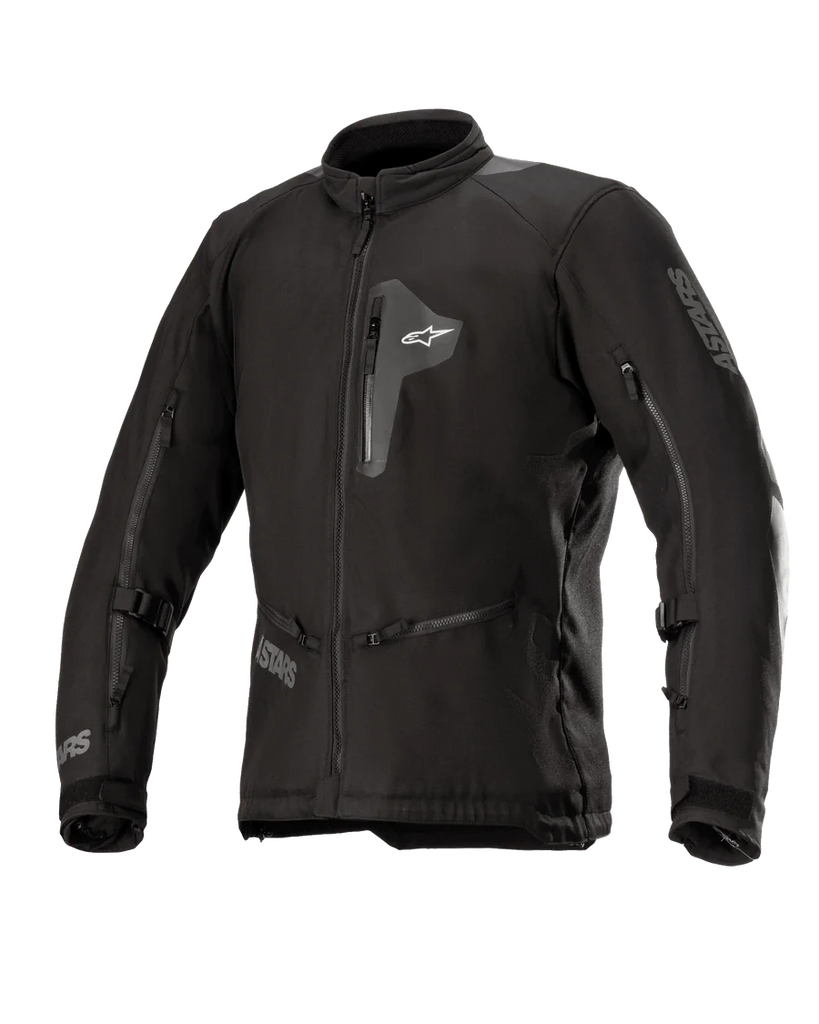 Alpinestars Venture XT Jacket, Black textile motorcycle jacket, front view showing zippered chest pocket and large sleeve vents, adjustable straps on arms, high collar, water-resistant construction for adventure touring.