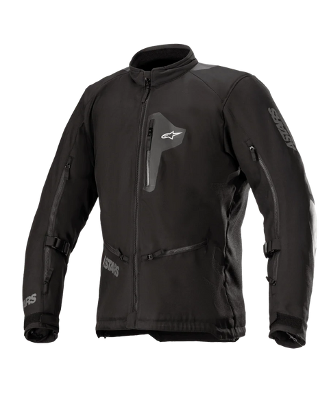 Alpinestars Venture XT Jacket, Black textile motorcycle jacket, front view showing zippered chest pocket and large sleeve vents, adjustable straps on arms, high collar, water-resistant construction for adventure touring.
