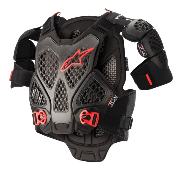 Alpinestars A-6 Chest Protector, Motocross Body Armor, Black Anthracite and Red, featuring honeycomb Cell technology plates, red Alpinestars logo, adjustable red quick-release buckles, and removable shoulder protectors