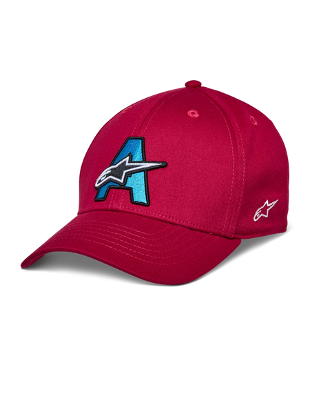 Alpinestars Elemental Hat, Red Baseball Cap, Cyan Blue and Black 3D Embroidered A Logo, White Star design, Curved Bill, Structured Crown, Casual Motorsport Headwear