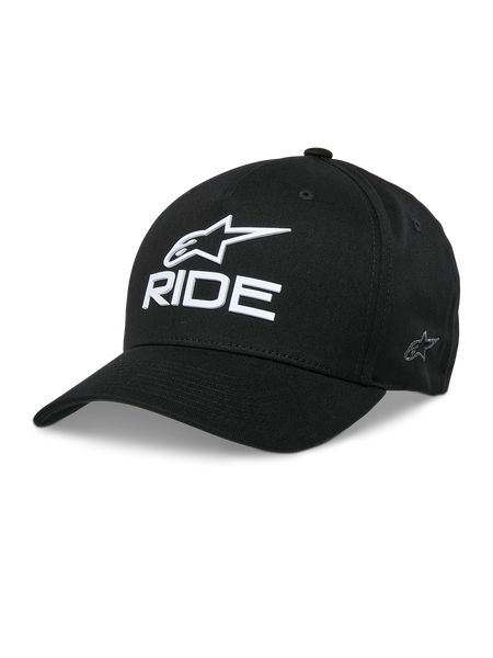 Alpinestars Ride Sonic Hat, Black Baseball Cap, White 3D Embroidered Star Logo and RIDE Text, Curved Bill, Structured Crown, Casual Motorsport Headwear