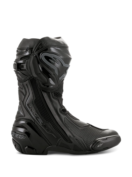 Alpinestars Supertech R Boots, High-Performance Motorcycle Racing Boots, All Black, side profile view showing TPU shin protector, replaceable toe slider, and reinforced heel, professional track-ready design