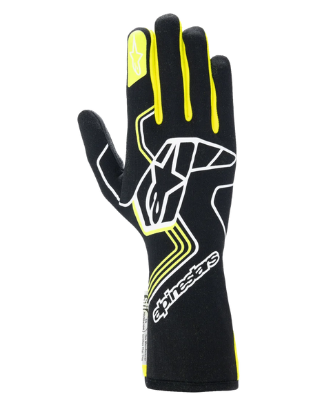 Alpinestars Tech-1 Race V4 Gloves, Auto Racing Gloves, Black with Yellow Fluo and White accents, featuring a large star logo on the back and smaller star on the index finger, sleek design with geometric patterns and extended gauntlet cuff