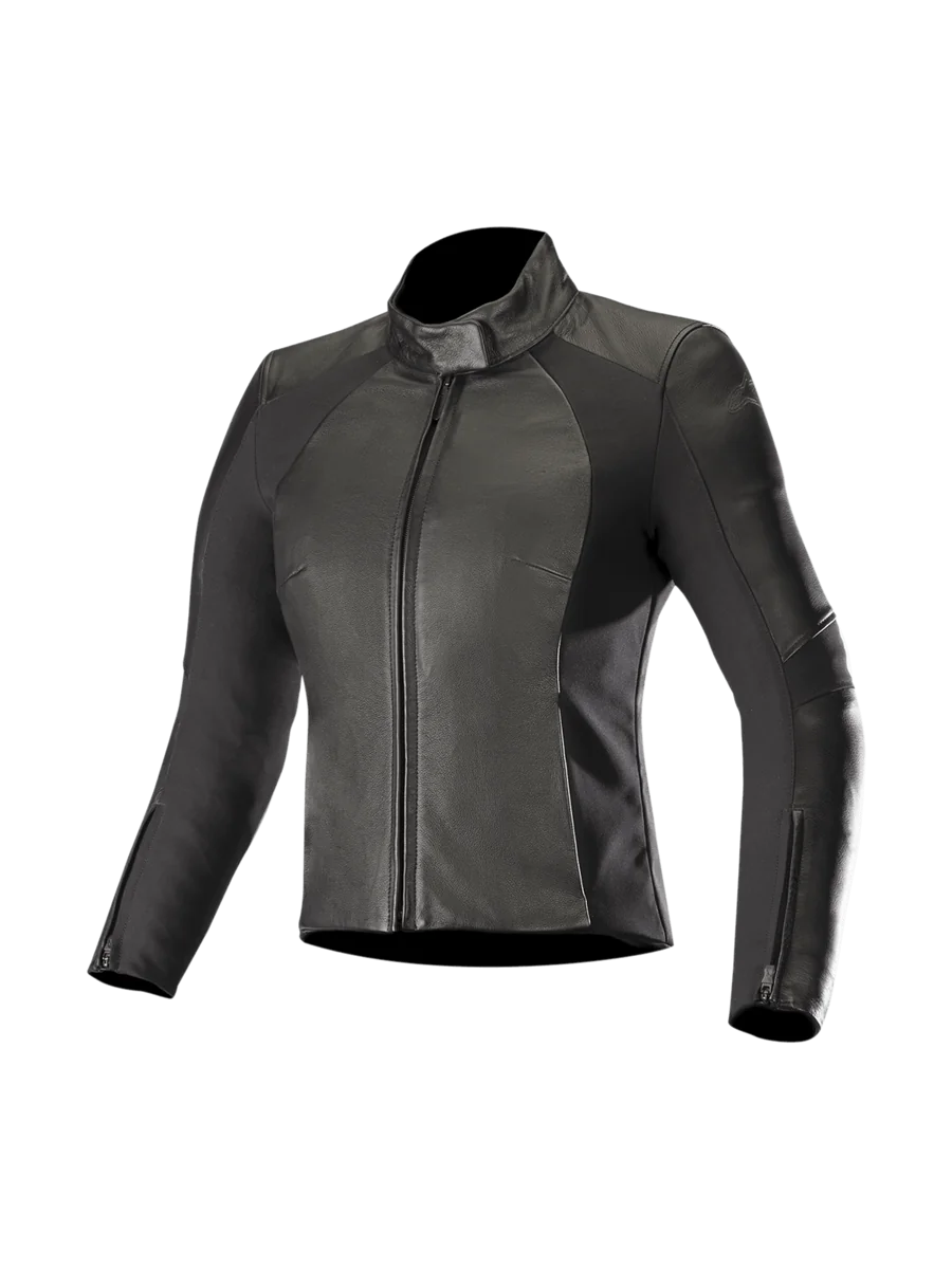 Alpinestars Stella Vika V2 Women's Motorcycle Leather Jacket in black with aramid stretch panels and CE-certified armor.