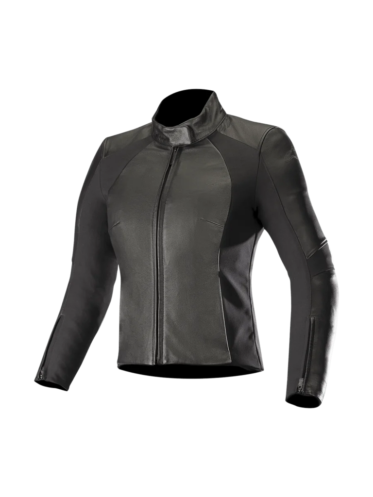 Alpinestars Stella Vika V2 Women's Motorcycle Leather Jacket in black with aramid stretch panels and CE-certified armor.