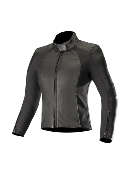Alpinestars Stella Vika V2 Women's Motorcycle Leather Jacket in black with aramid stretch panels and CE-certified armor.