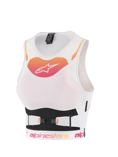 Alpinestars Stella Plasma Chest Protector, Women's Motocross Protective Vest, White with Orange and Pink Gradient Logo, Breathable Mesh Construction with Adjustable V-Belt Straps, Ergonomic Off-Road Body Armor