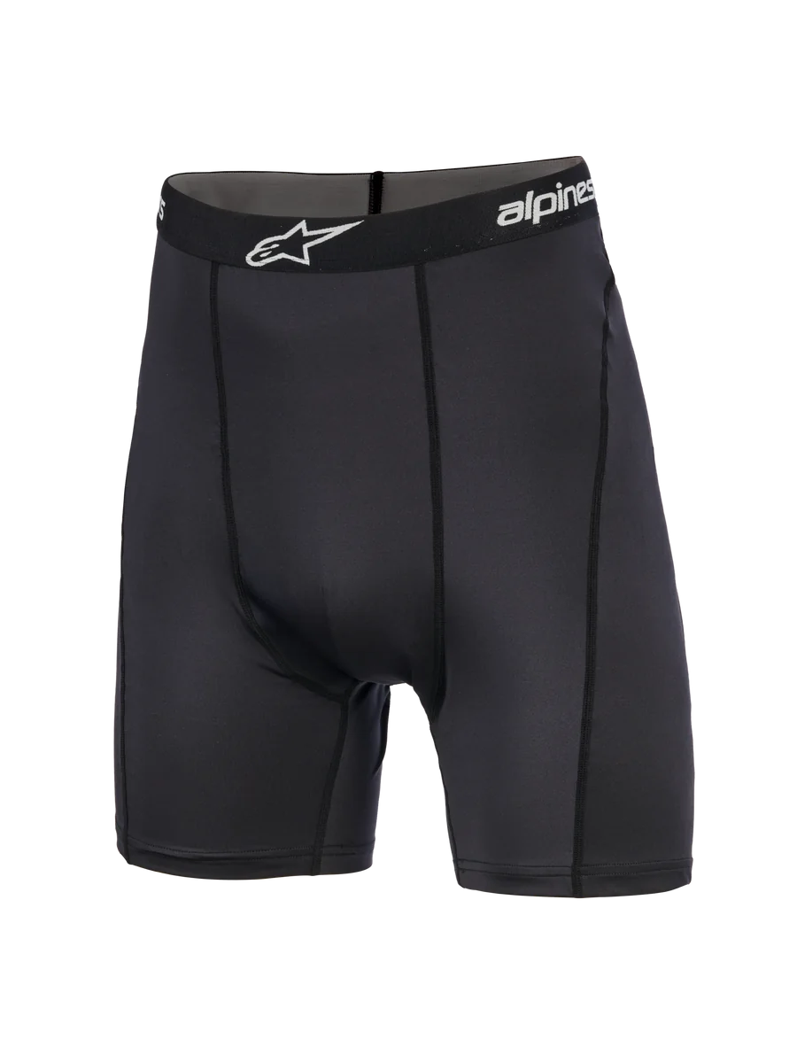 Alpinestars MX Boxer, Motocross Base Layer Shorts, Black, mid-thigh length featuring a branded elastic waistband with white star logo, athletic fit with vertical seams