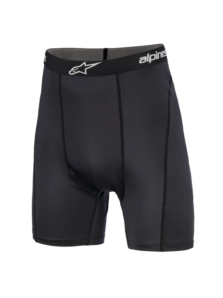 Alpinestars MX Boxer, Motocross Base Layer Shorts, Black, mid-thigh length featuring a branded elastic waistband with white star logo, athletic fit with vertical seams