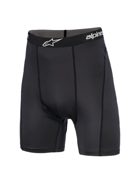Alpinestars MX Boxer, Motocross Base Layer Shorts, Black, mid-thigh length featuring a branded elastic waistband with white star logo, athletic fit with vertical seams