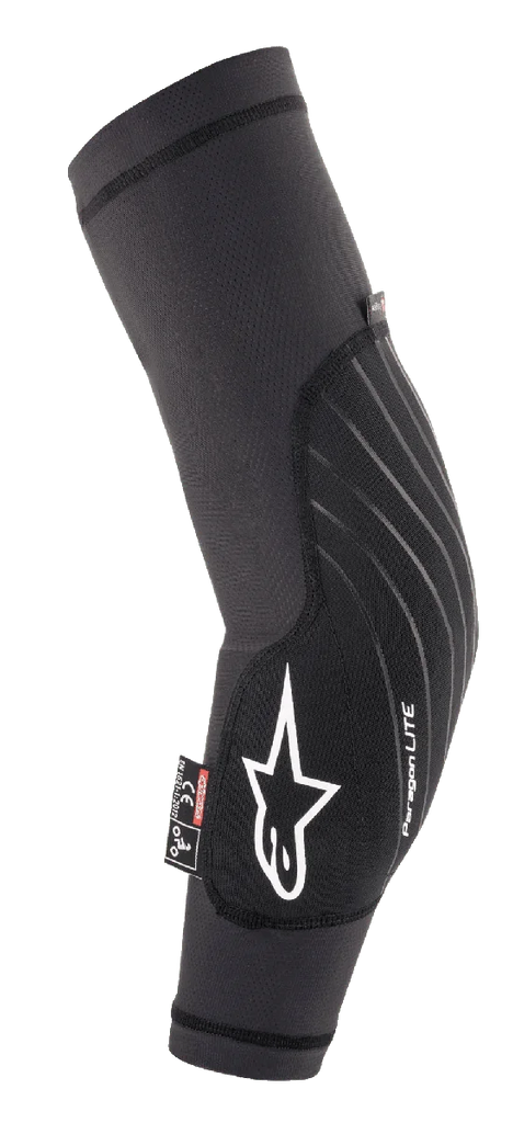 Alpinestars Paragon Lite Elbow Protector, Black, Lightweight Breathable Mesh Sleeve, White Star Logo and Paragon Lite branding, CE Level 1 certification tag, Mountain Bike and Trail protection gear