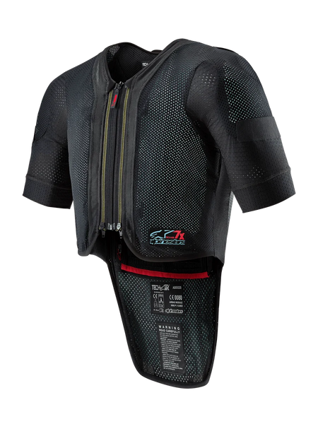Alpinestars Tech-Air 7X System, Motorcycle Airbag Vest, Black, featuring a zippered front, ventilated mesh chassis with dotted texture, short sleeves, extended back protector, red interior trim, and Tech-Air 7X logo on the chest, designed for road racing and track performance