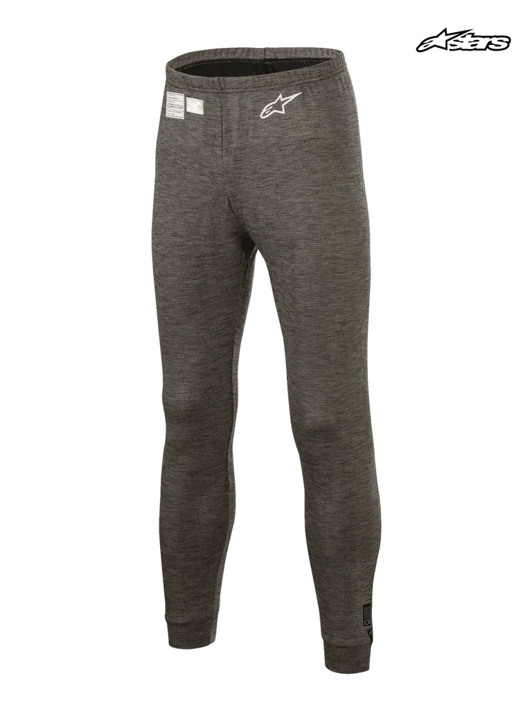 Alpinestars Race V3 Bottom, FIA certified auto racing tech base layer pants in anthracite melange gray, lightweight flame-resistant underlayer featuring an embroidered white Astar logo and homologation label