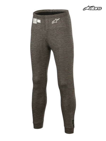 Alpinestars Race V3 Bottom, FIA certified auto racing tech base layer pants in anthracite melange gray, lightweight flame-resistant underlayer featuring an embroidered white Astar logo and homologation label