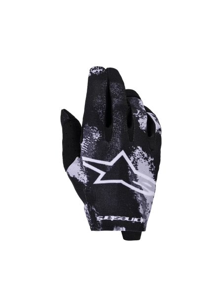 Alpinestars 2026 Youth Radar Gloves, Motocross Off-Road Gloves, Black and White, Star logo with splatter pattern, textured fabric construction, youth sizing