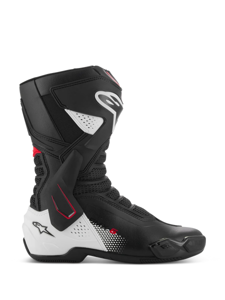 Alpinestars SMX-6 V3 Boots, Performance Motorcycle Racing Boots, Black White and Red, side profile featuring TPU lateral ankle brace, reinforced shin and heel protection, perforated mesh flex zones, and replaceable toe sliders for track and street riding