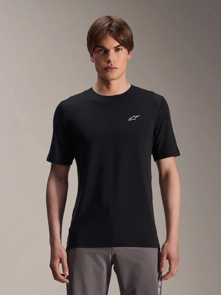 Alpinestars A-Dura Dri Wool Short Sleeve Jersey, Black, worn by male model, small white Alpinestars logo on chest, performance cycling apparel for MTB trail riding, moisture-wicking drirelease wool fabric
