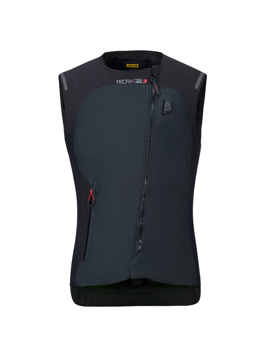 Alpinestars Women Stella Tech-Air 3 V2 System, Black Motorcycle Airbag Vest, front view, featuring a diagonal zipper, Tech-Air 3 branding, and an LED status indicator on the chest