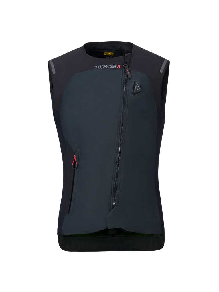 Alpinestars Women Stella Tech-Air 3 V2 System, Black Motorcycle Airbag Vest, front view, featuring a diagonal zipper, Tech-Air 3 branding, and an LED status indicator on the chest