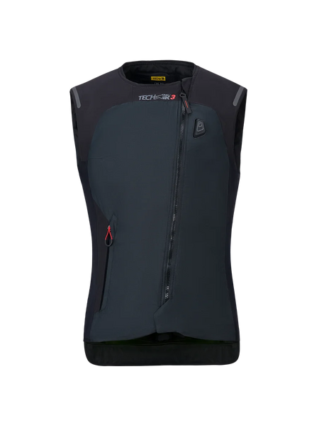 Alpinestars Women Stella Tech-Air 3 V2 System, Black Motorcycle Airbag Vest, front view, featuring a diagonal zipper, Tech-Air 3 branding, and an LED status indicator on the chest