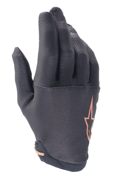 Alpinestars A-Aria Gloves, Mountain Bike (MTB) Gloves, Black with Rose Gold Star Logo, featuring a textured grid pattern on the fingers and lightweight stretch fabric for trail riding