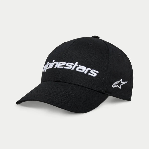 Alpinestars Linear Wordmark 2.0 Hat, Black and White, featuring a curved bill and structured crown, front 3D embroidered wordmark and side star logo, casual motorsport-inspired headwear